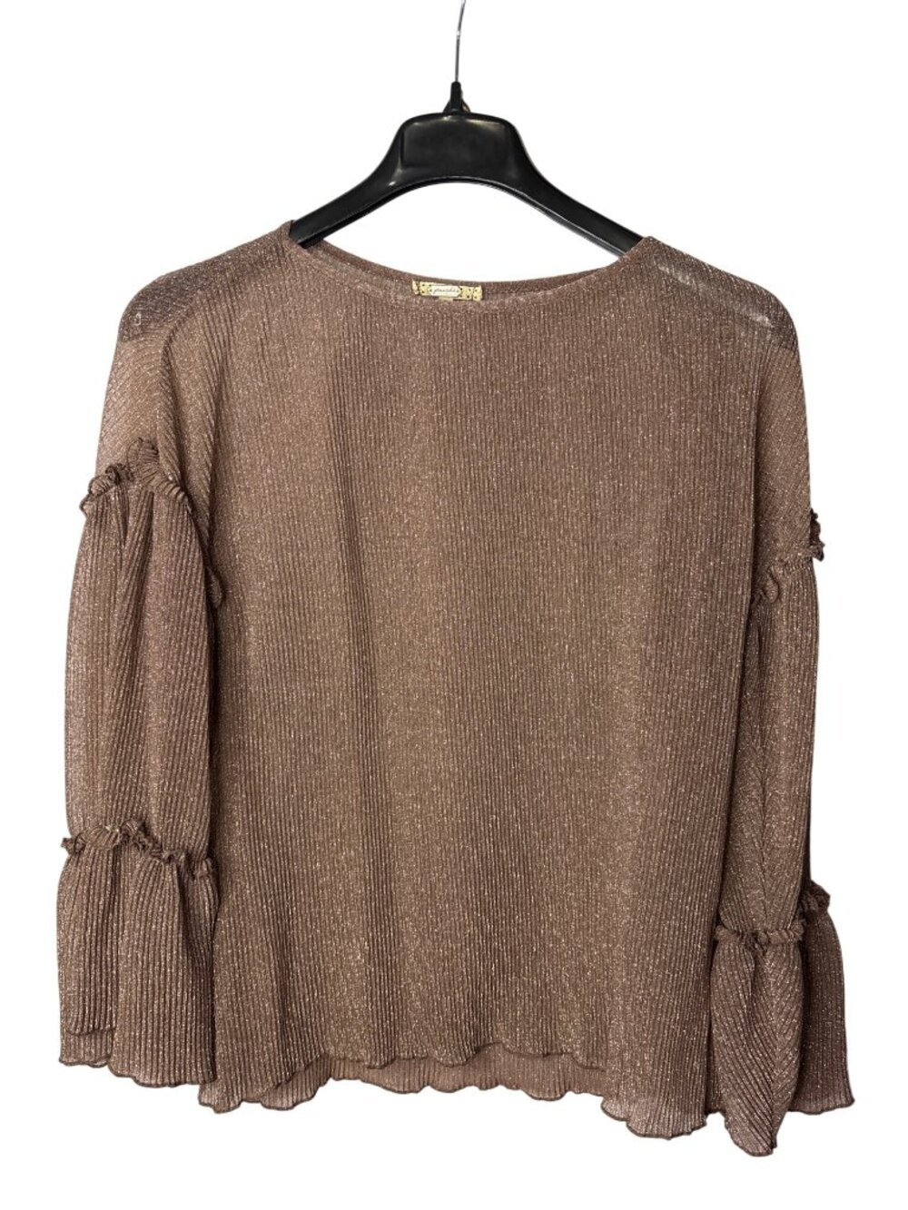 Gimmicks By BKE Sheer Blouse Top Size S Oversized Brown Shimmery Bell Sleeve